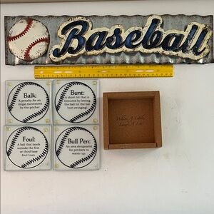 Baseball Sign with Blue and White Accents & 4 glass baseball coasters